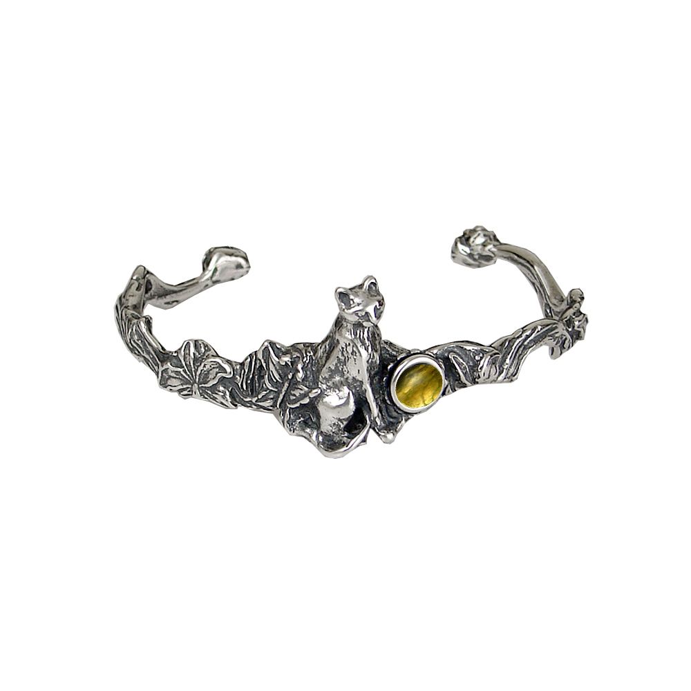 Sterling Silver Cat With Flowers Cuff Bracelet Citrine